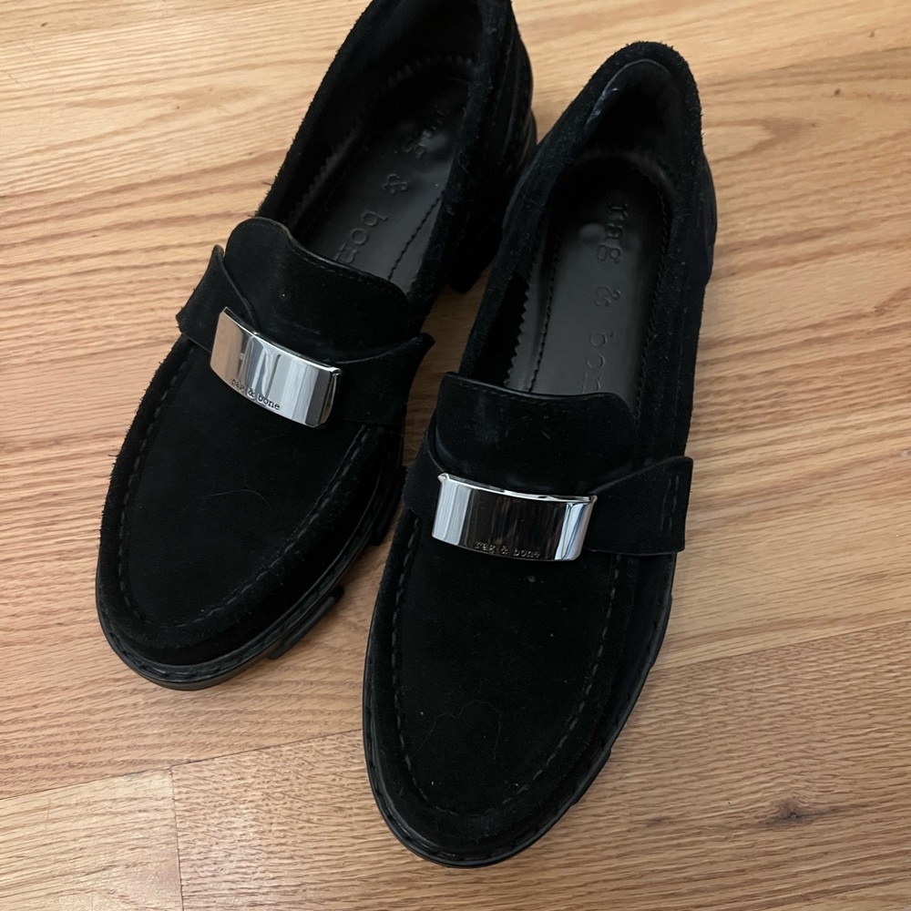 Rag & Bone Shiloh Black Suede Loafers with Silver Accent